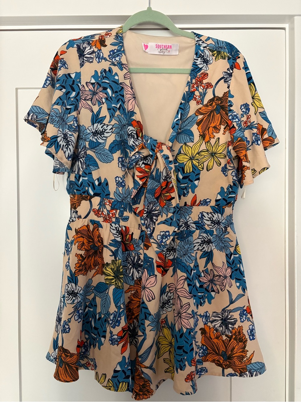 Floral, tie front romper